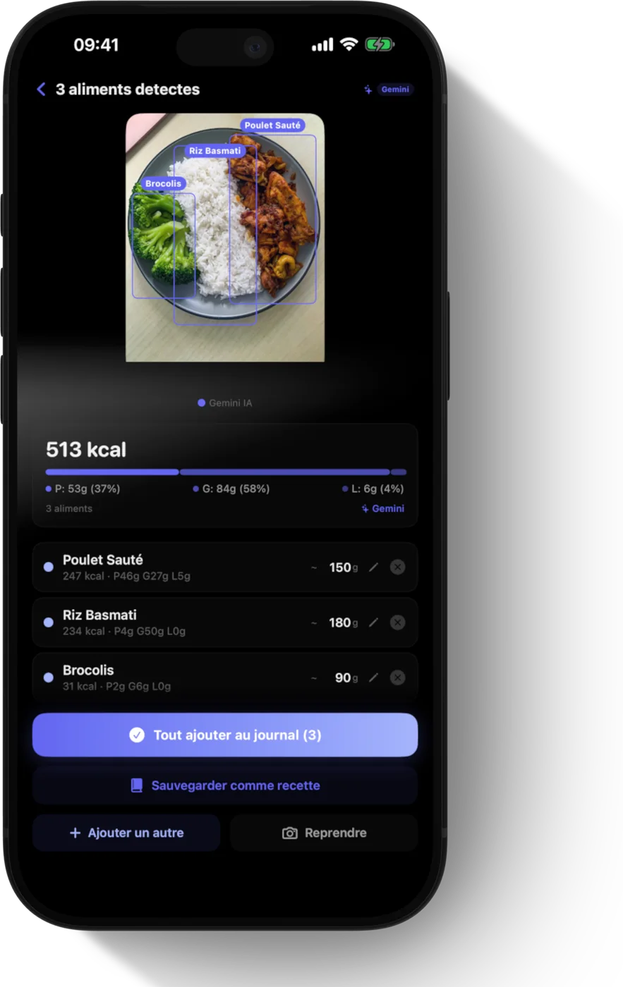 Le scanner : trois aliments reconnus sur la photo, macros calculées